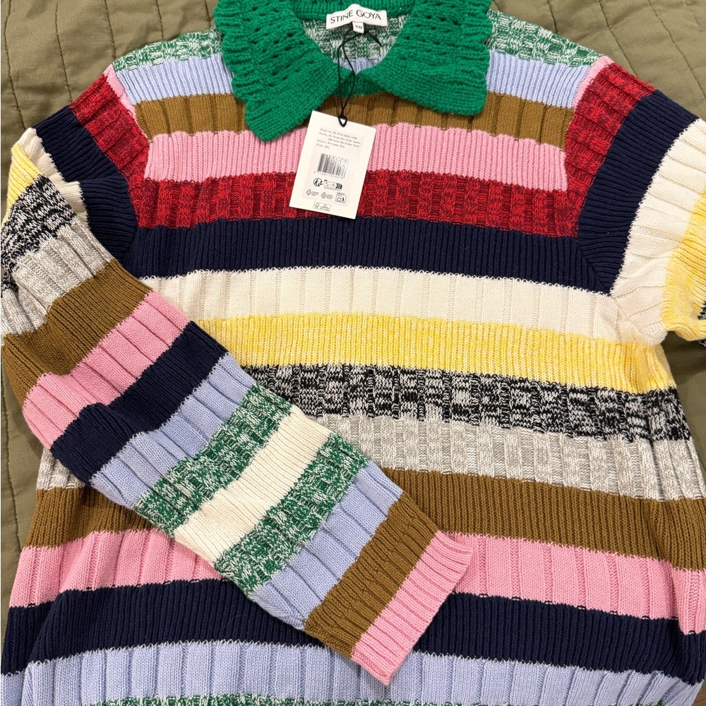 STINE GOYA Green Collar Multicolor Striped Knit Sweater